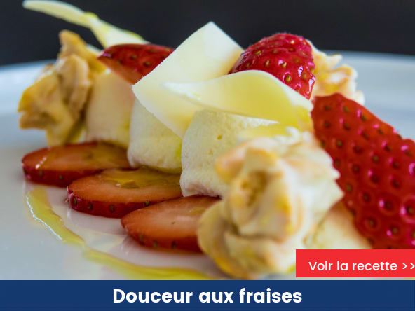 Douceur aux fraises, crémeux à l'huile d'olive et chocolat blanc